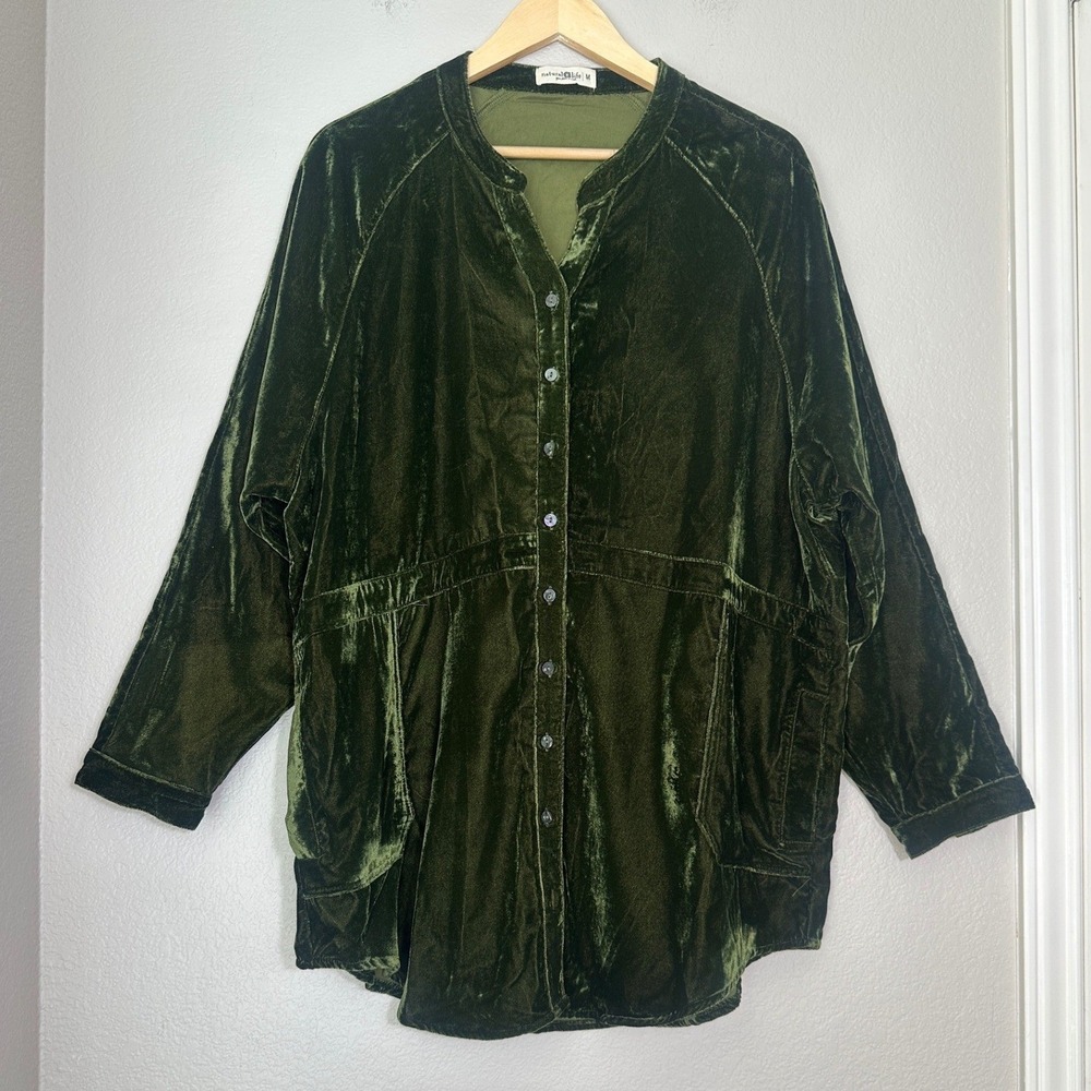 Natural Life Green Velvet Button Up Tunic Top Medium Shacket Boho Holiday
